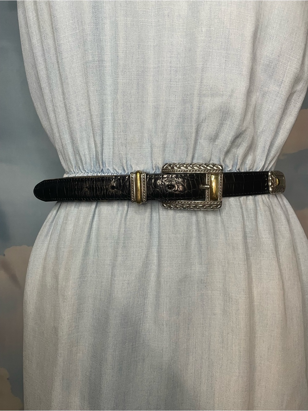 Brighton Black Croc-Embossed Belt with Two-Tone Western Buckle